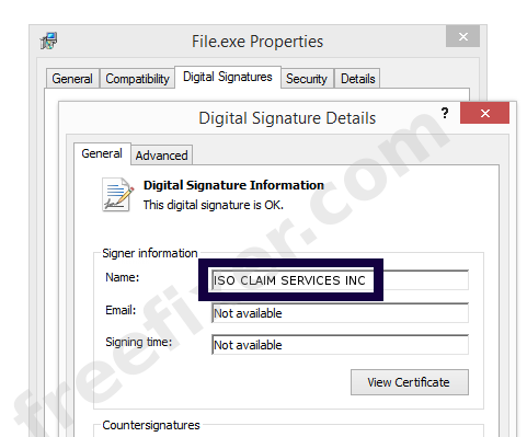 Screenshot of the ISO CLAIM SERVICES INC certificate